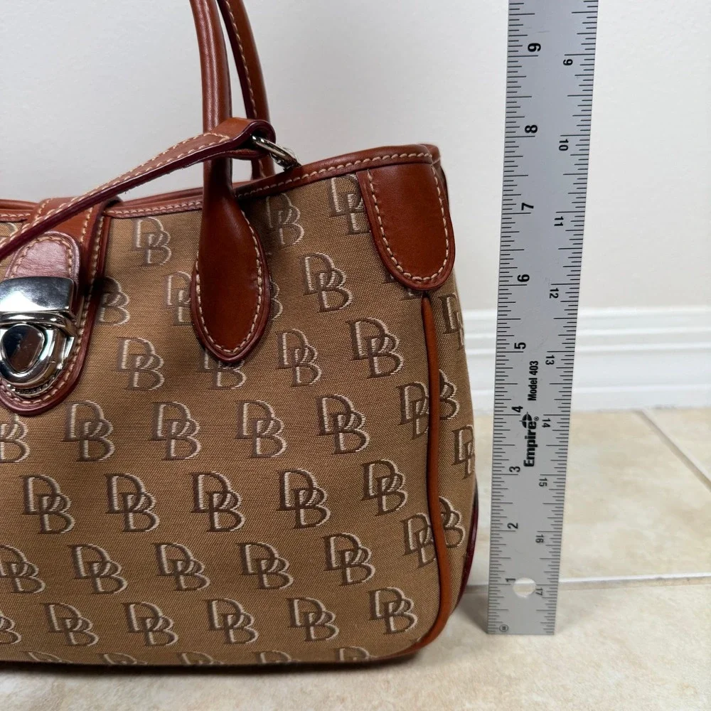 Dooney & Bourke Brown DB Monogram Canvas Leather Satchel Tote Bag Medium